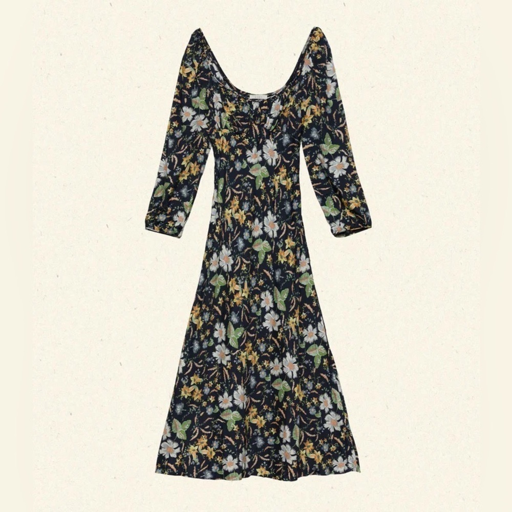NWT Doen Guinevere Silk Ruched V Neck Long Sleeve Bias Midi Dress Sweet Anemone